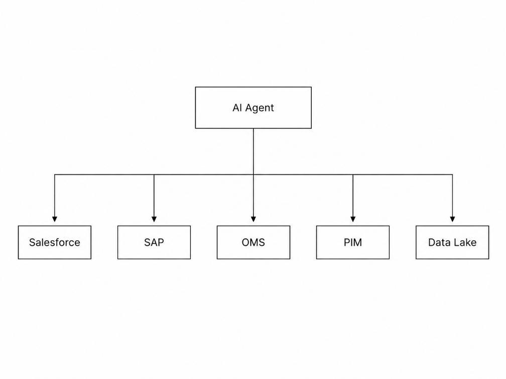 Bad pattern showing an AI agent connected directly to multiple enterprise systems.